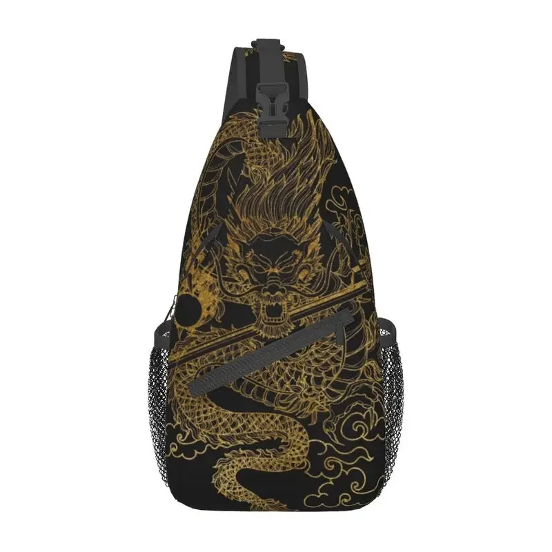 

Fashion Gold Chinese Dragon Totem Crossbody Sling Backpack Men Tradition Asian Mythology Shoulder Chest Bag for Camping Biking