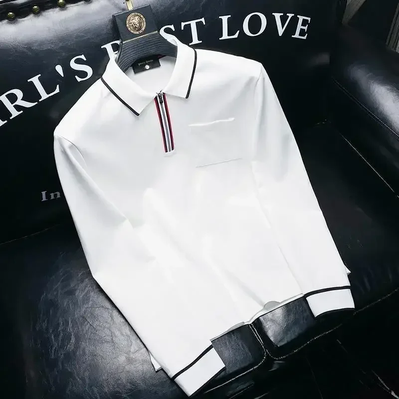 thumbnail image 1 of Ropa de hombre Camiseta polo ajustada para hombre Camiseta de corte entallado Blanco Formal de negocios Media cremallera Manga larga Regular Algodón Casual Normal A, 1 of 5