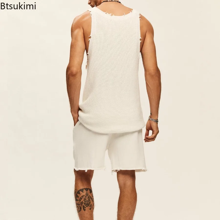 New 2024 Men's Summer Casual 2PCS Sets Knitted Fashion Tank Tops and Shorts Sets Mens Two Piece Set Streetwear Clothes Men Sets