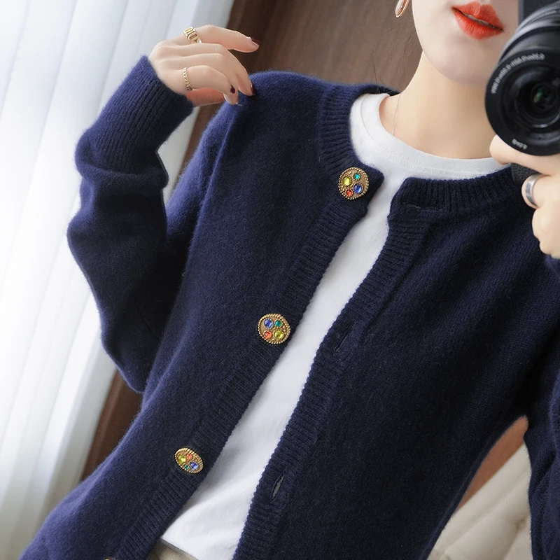 Spring and autumn new cashmere sweater woman O-neck 100% pure wool Slim solid color cardigan knitted base sweater sweater for women Sweaters