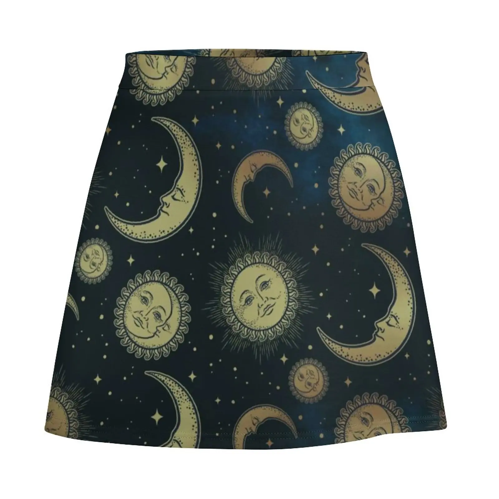 Retro Sun Print Skirt Moon Stars Celestial Night Kawaii Mini