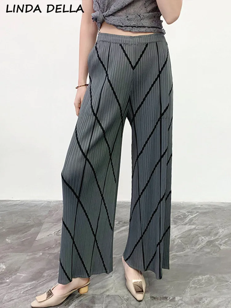 

LINDA DELLA Summer Fashion Runway Gray Vintage Pants Women's Elastic Waist Striped Print Casual Loose Big Size Straight Trousers