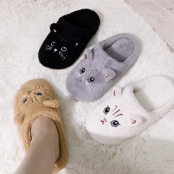 Winter Cute Cat Plush Slippers Women Indoor Comfortable Quiet Soft Sole Floor Slides Couples Winter Warm Fuzzy House Sandals 1