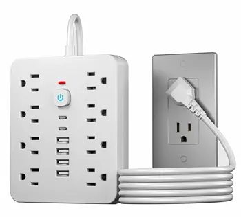 1 Pc Surge Protection Power Strip with Switch - 8 AC Outlets and 6 USB Ports (including 2 USB-C) And 5 FT/10 FT Cord