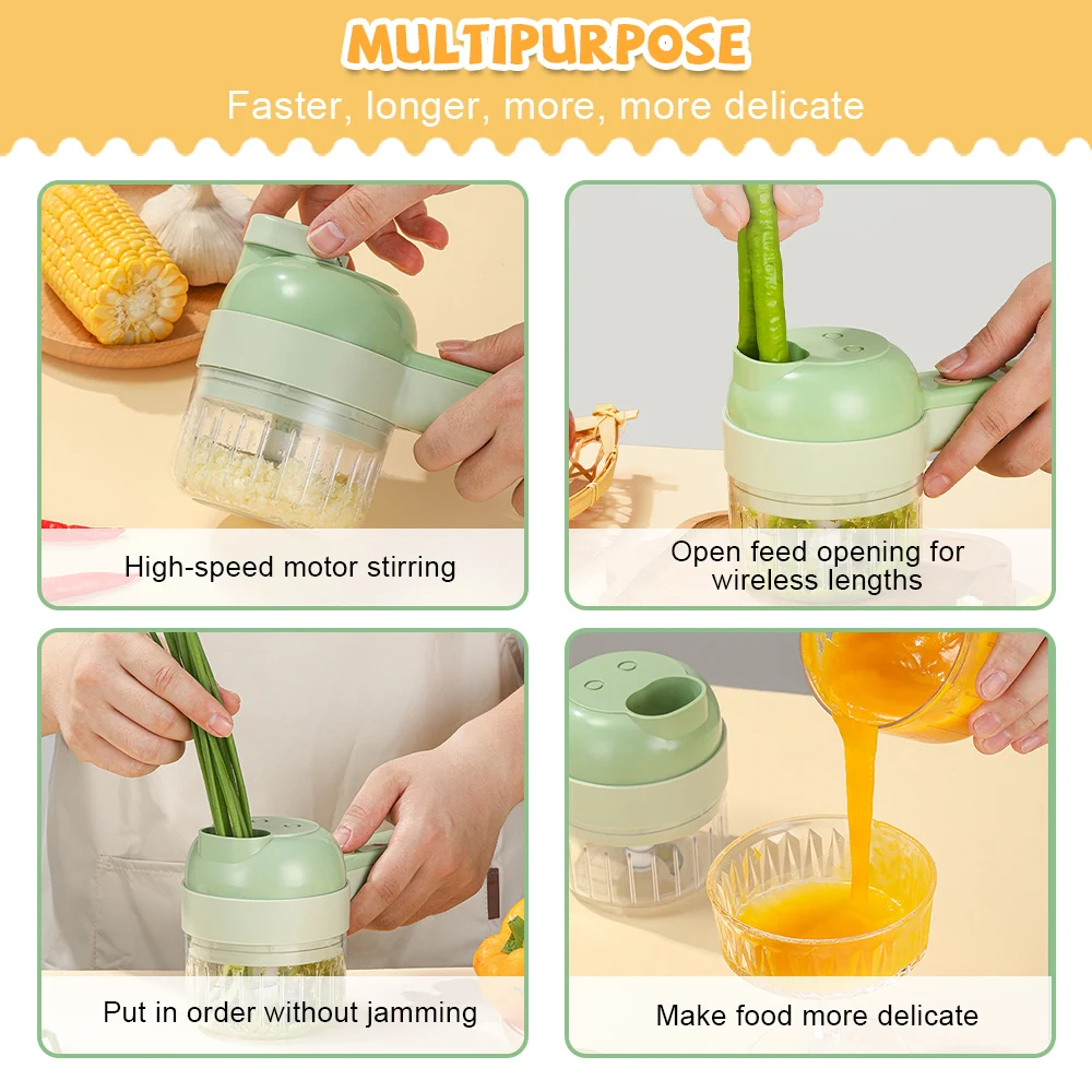 1pc 4 In 1 Vegetable Chopper Handheld Electric Vegetable Cutter Set  Portable Wireless Garlic Mud Masher Garlic Press And Slicer Set  Multifunctional El