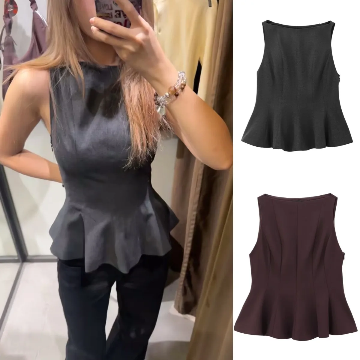 597160-09e2b8.jpg ETJ Fall/Winter 2025 New Women's Fashion Elegant ruffled hem round neck sleeveless waist slim-fit top 4661124 - Image 1