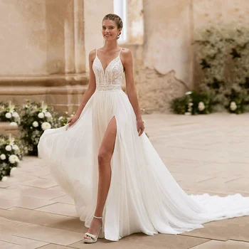 Abiti da sposa classici personalizzati in vendita Abiti da sposa da spiaggia in pizzo Abiti da sposa Boho estivi Abiti da sposa con spacco laterale Indietro