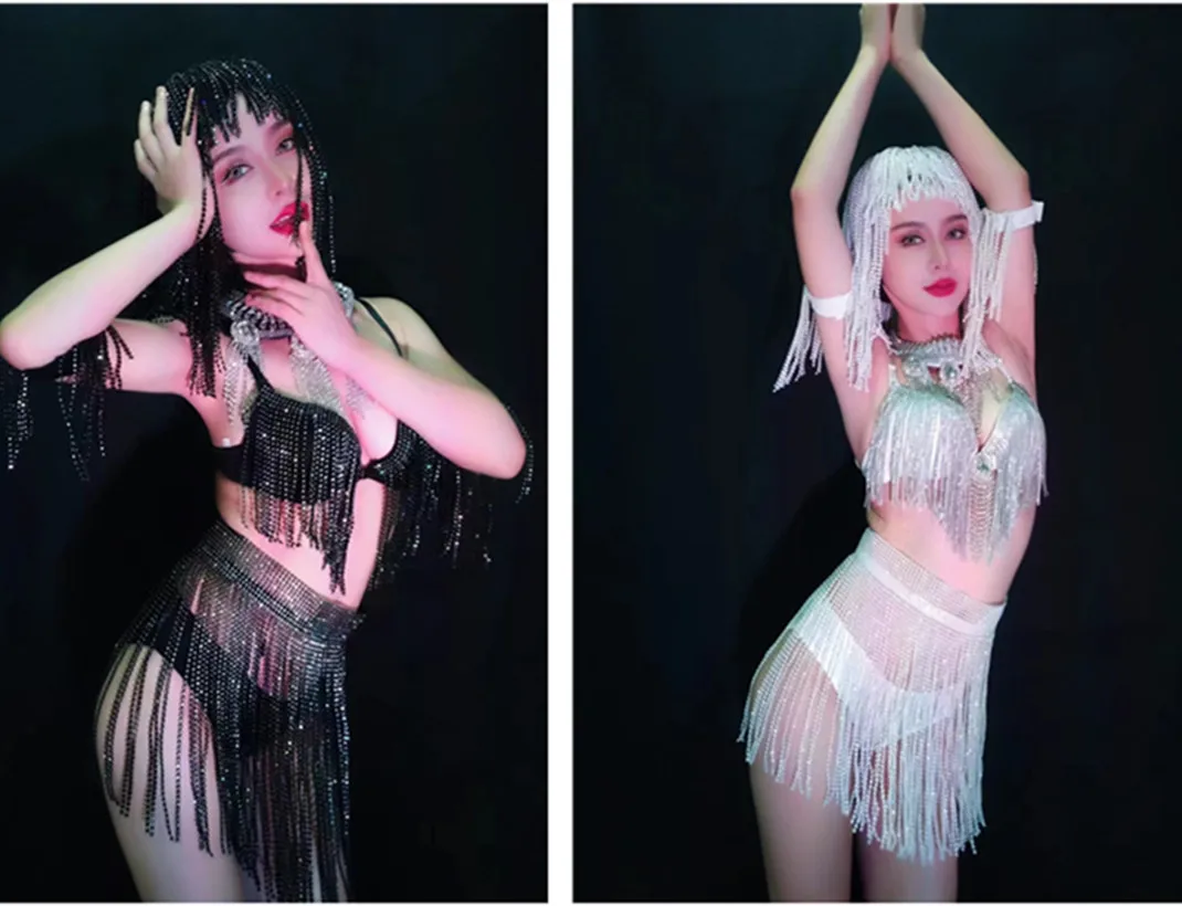 

Черный парик бикини с кристаллами и кисточкой, искусственный женский костюм для ночного клуба, бара вечерние, шоу, сексуальная сценическая одежда, танцевальный костюм для диджея, белый костюм для танца на шесте