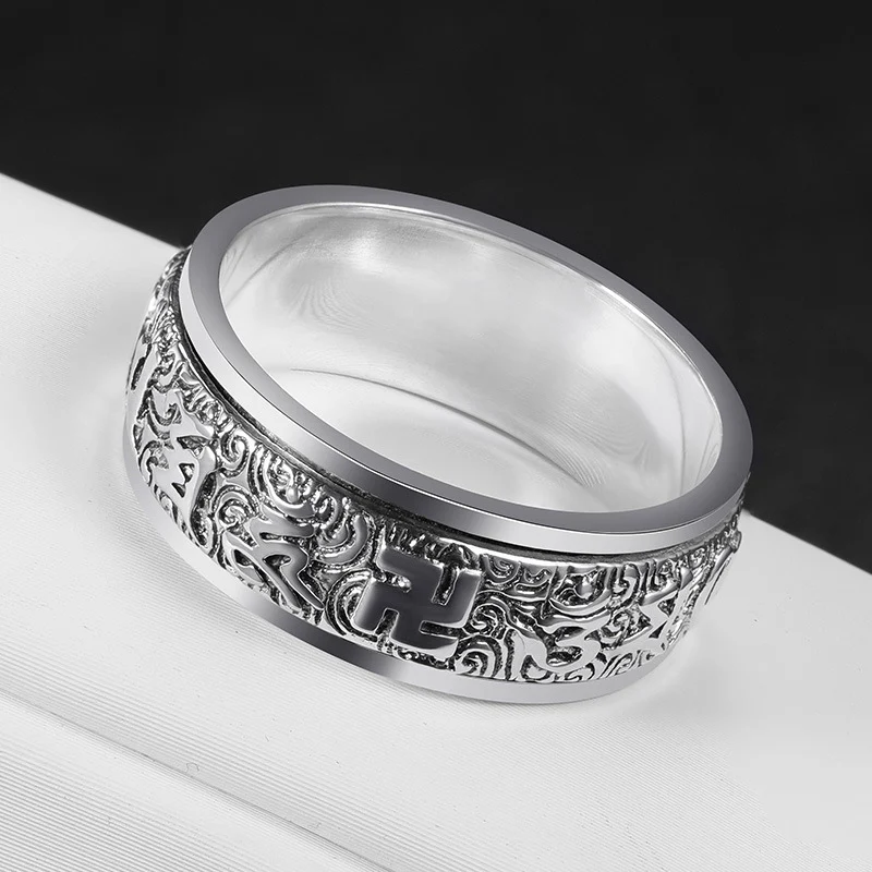 Timeless Silver 925 Rotating Men's Ring with Six-Character Mantra Design