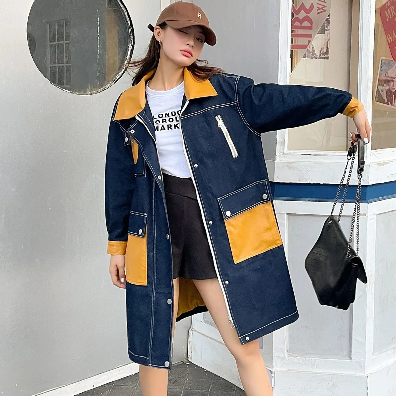

Denim Trench Coat For Womens Spring Autumn 2024 New Casual Large Size Splicing Long Denim Jacket Female POLO Collar Outerwear