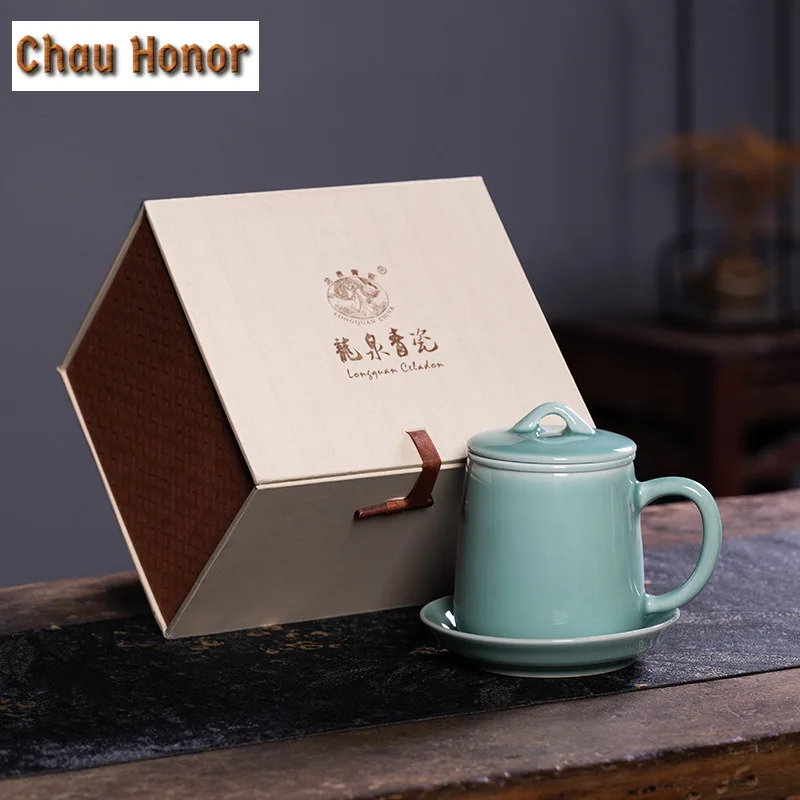 375ml Handmade Longquan Celadon Filter Tea Separator Cup Traditional Tea Mug with Infuser Tea Brewing Office Water Cup Ornaments