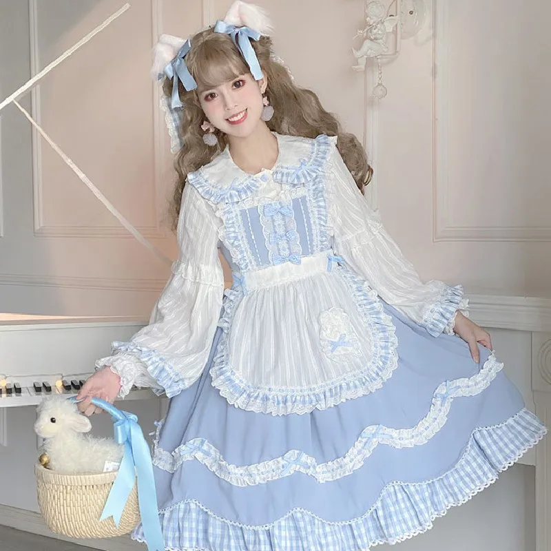 

Maid Lolita Dress Daily Lolita Set Princess Blueberry Kawaii Girl Dresses Anime Cosplay Costume Maid Blue Lace Plaid Vestido