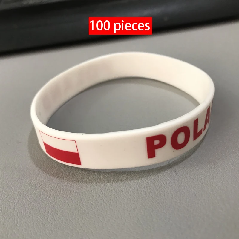 

100pcs Poland National Flag Printing Sports Silicone Bracelet Men Women Wristbands Rubber Band Fashion Accessories