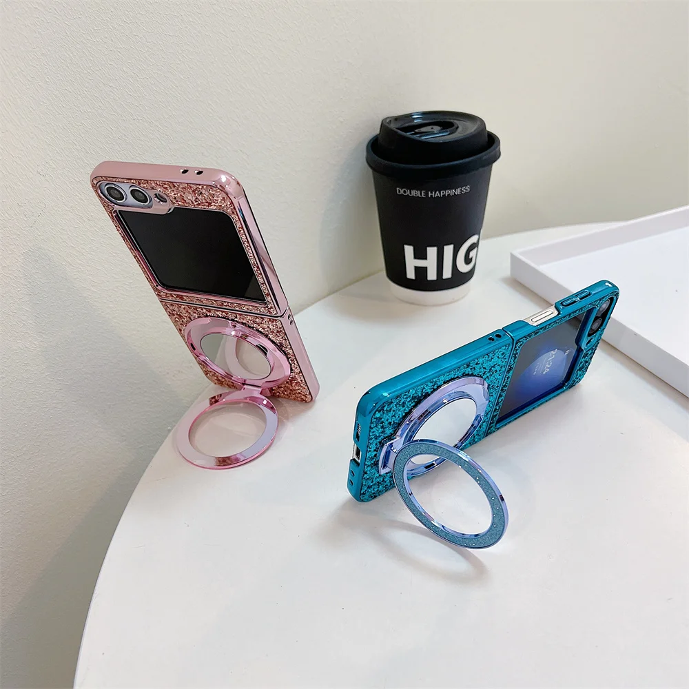Luxury Glitter Sequins Bling Magnetic Stand Phone Case with Make-up Mirror and Folding Bracket Cover