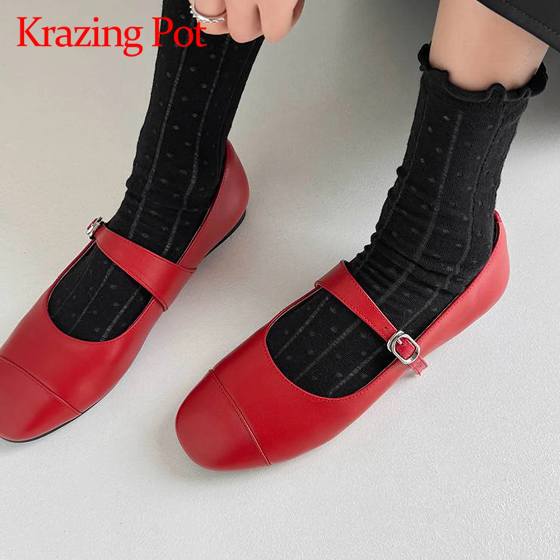 

Krazing Pot 2024 Full Grain Leather Round Toe Women Spring Modern Buckle Straps Summer Fashion Mary Janes Red Color Ballet Flats