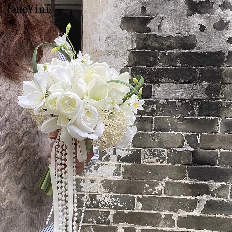 JaneVini Elegant Boho White Bride Bouquets Artificial Silk Roses Bridal Flowers Pearls Handle Beach Wedding Bouquet Accessories