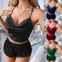 New Womens Sexy Lingerie Satin Pajamas Sets Cami Shorts Two Piece Set Nightwear Sleepwear Solid Pajamas Nightgown Nightwear L2 1