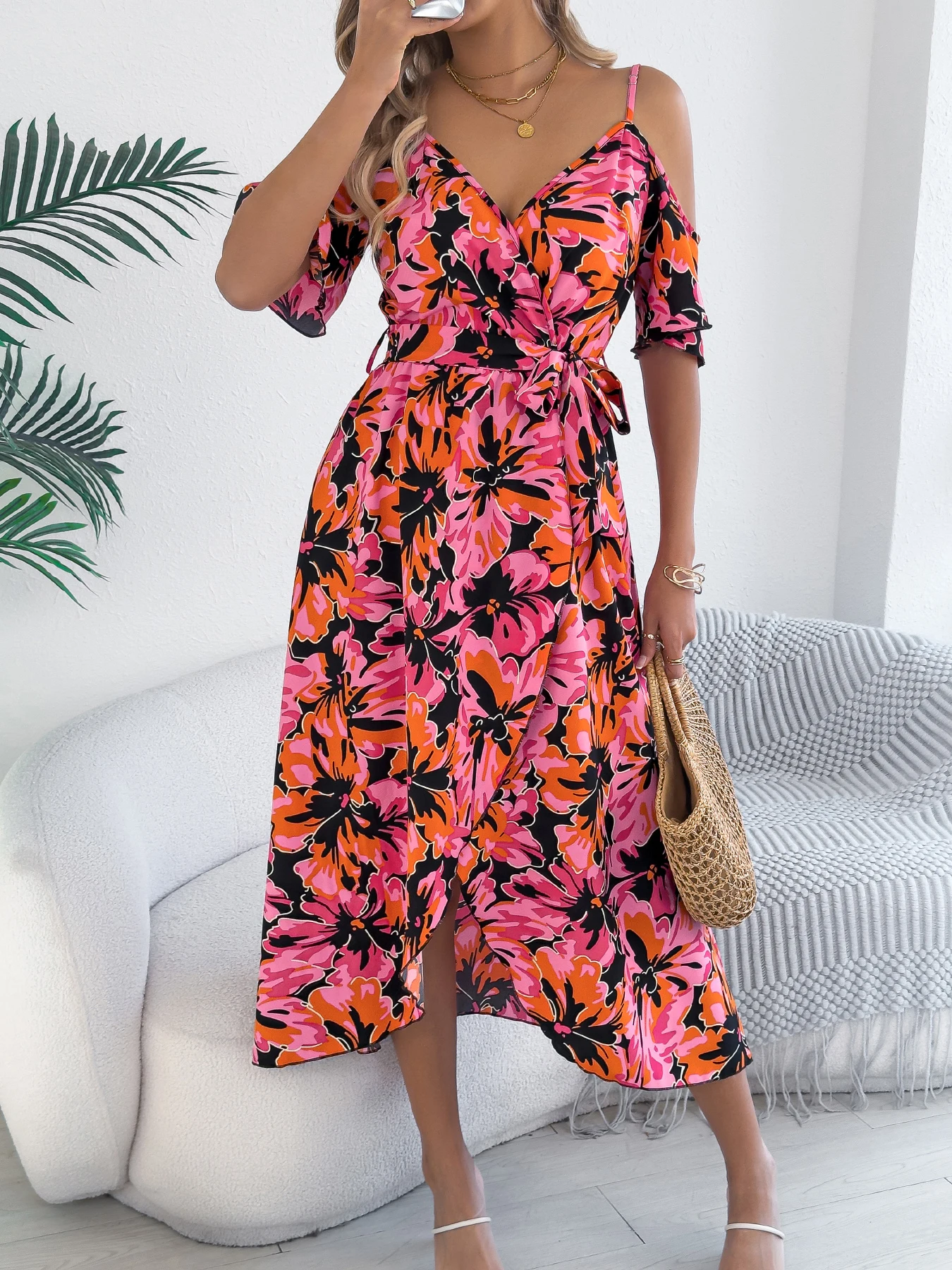 Women Floral Print Off Shoulder Long Dress