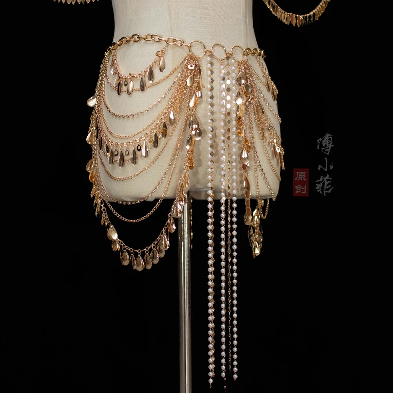 Clothing Accessories Tassel with Pearl Irregular Pendant Body Chains Waist Chain Ancient Style Dancing Ornament ExquisiteFashion