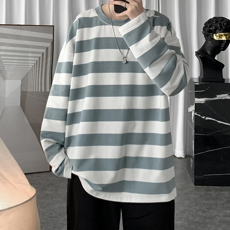 

T Shirt Men Cotton Striped Fashion Mens Spring T-shirts Full Sleeve 5XL Oversized Tee Shirts Casual TShirt for Man