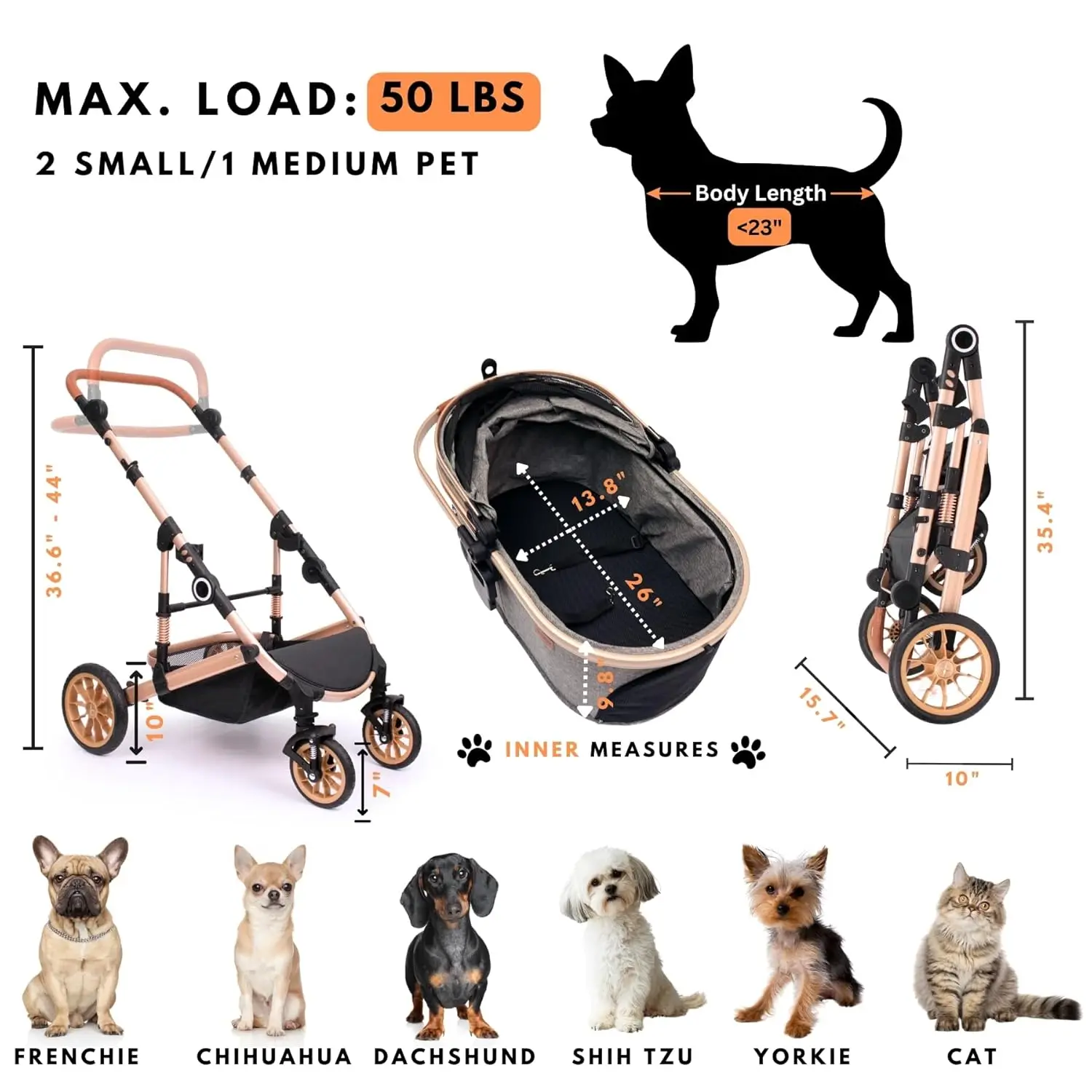Pet Stroller with 4 Wheels, Pet Travel Carrier for Small/Medium Dogs Cats up to 50lbs, Portable Bag