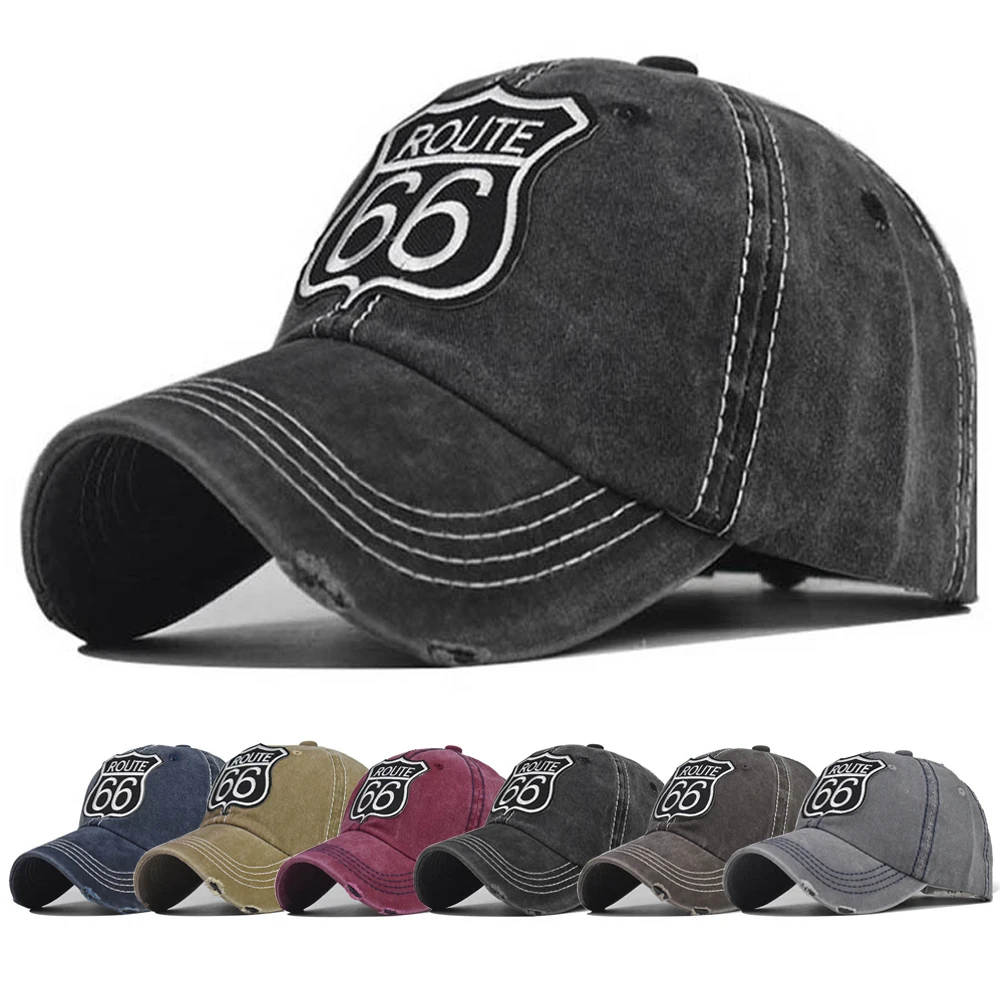Embroidery Letters ROUTE 66 Baseball Cap Spring Autumn Brand Snapback Fashion Distressed Cotton Hat for Women Men Casquette