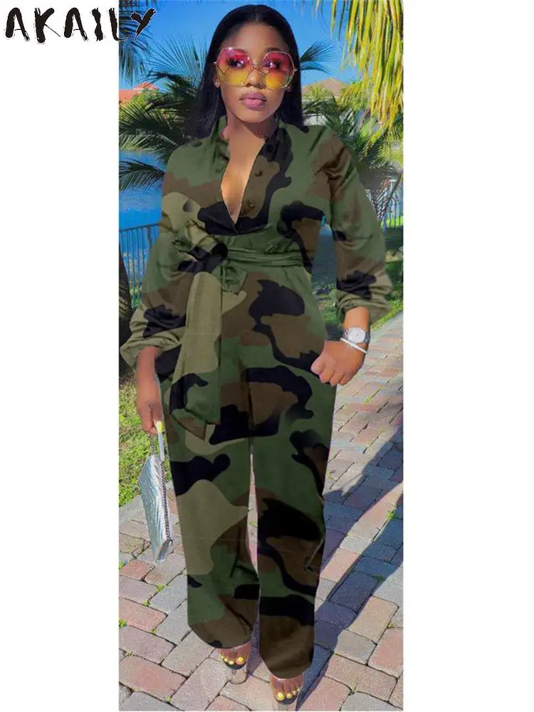 

Akaily Fall Street Camo Print Jumpsuit Fall Oufits For Women 2023 Long Sleeve Bandage Casual One Pieces Female Fashion Tracksuit