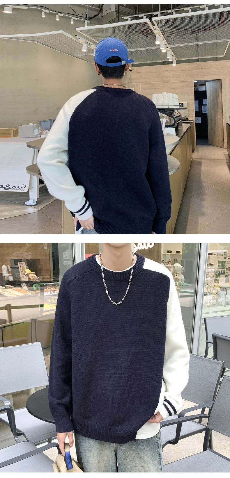 Description Picture 6 of itemNew 2024 Autumn Winter Men Fashion Round Neck Knitted Tops Male Loose Patchwork Jumpers Men's Long Sleeve Sweater Top S219