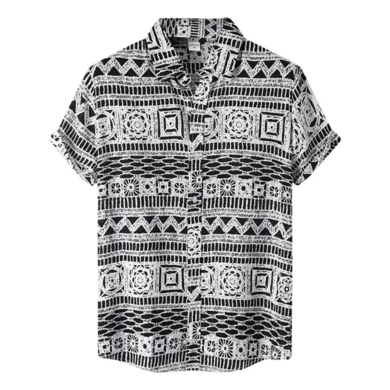 

Ethnic Style Men's Shirt Casual Beach Breathable Loose Fitting Shirt Outdoor Street Fashion Short Sleeved Lapel Hawaiian Top