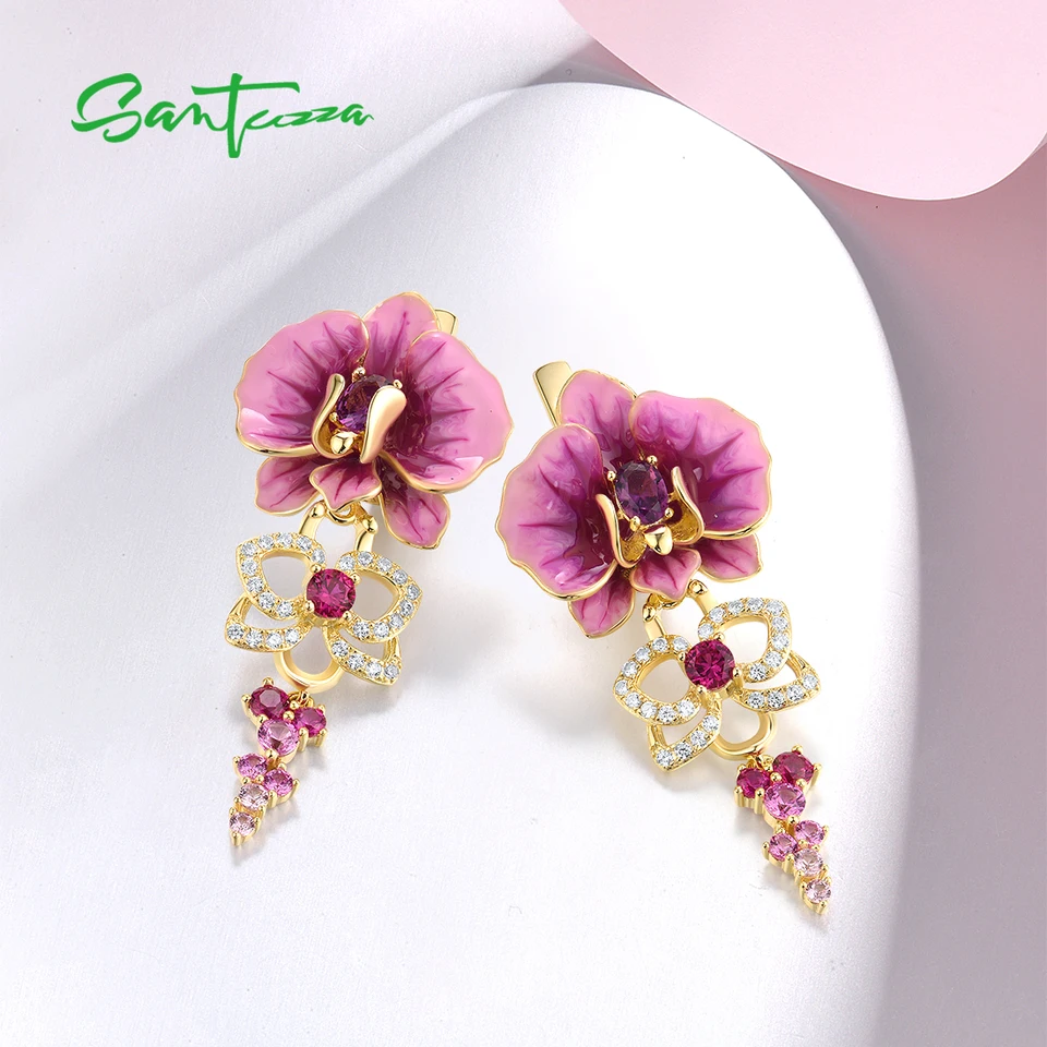 Orecchini Pendenti Santuzza A Forma Di Orchidea – Argento 925, Smaltati A Mano, Zirconia Bianca