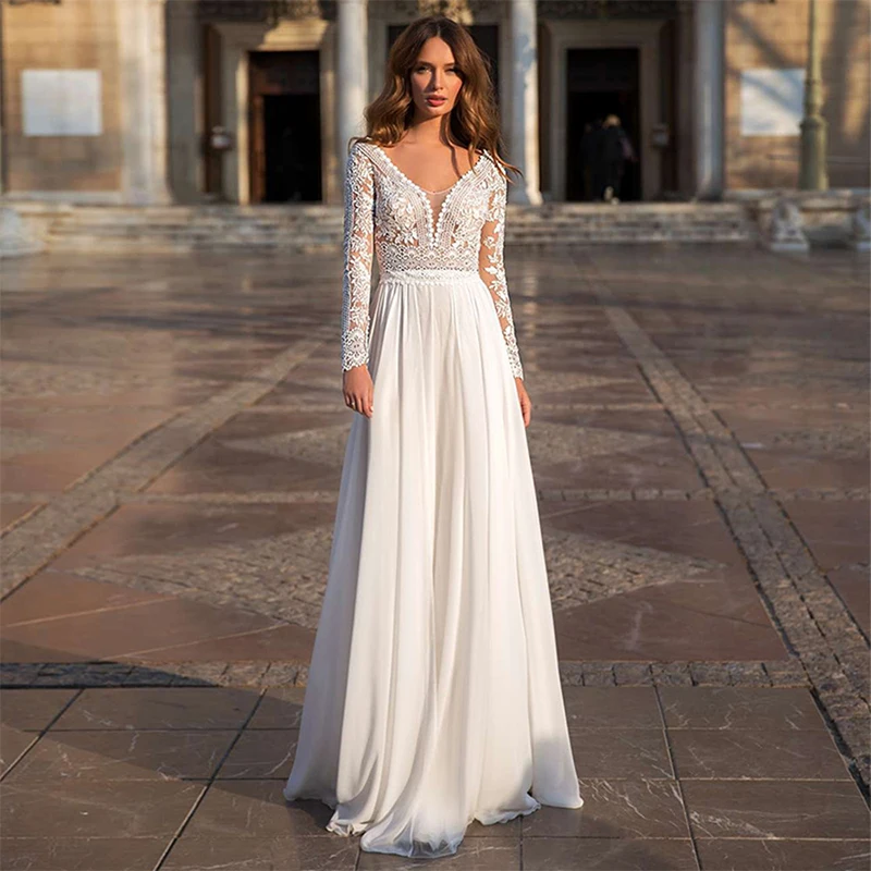 

Sexy Wedding Dress Long Lace Sleeves Deep V-Neck Applique Bridal Long Gown For Woman Chiffon Train Robe De Mariée