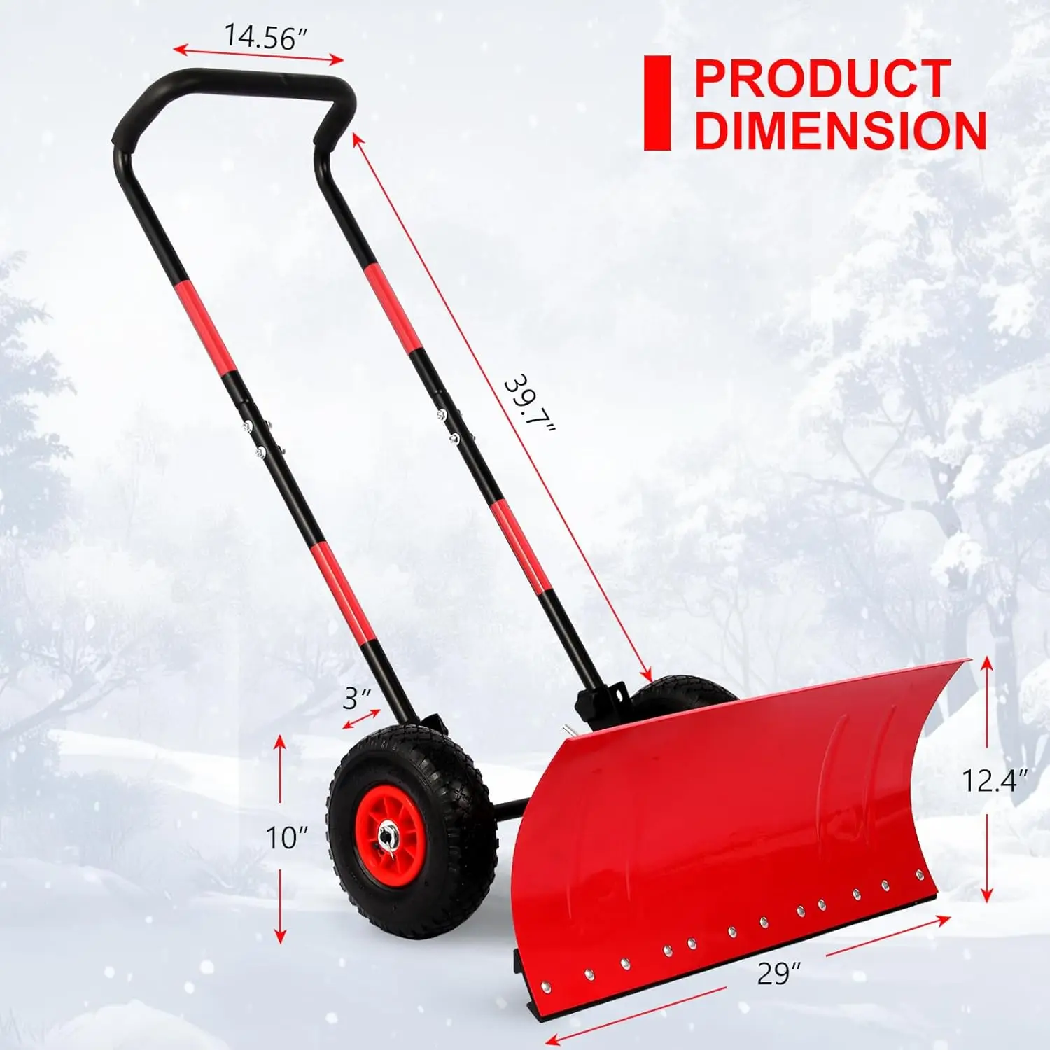 29" snow shovel with wider wheels,efficient snow removal tool,snow plow with adjustable handle and angled blade,snow pusher
