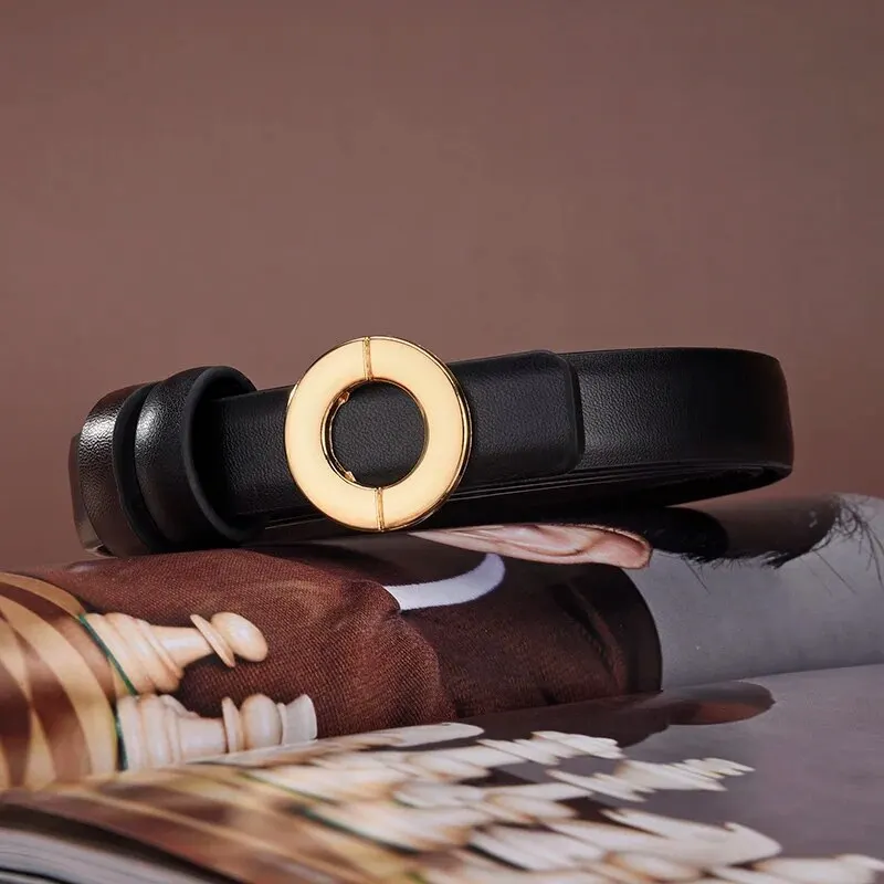 Women's Belt Fashion Gold Round Buckle Belt Double Sided Wearable Soft PU Leather Belt High Grade Genuine Jeans Belt Lady Belt