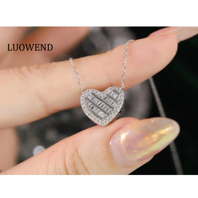 

LUOWEND 18K White Gold Necklace Romantic Heart Design 0.35carat Real Natural Diamond Pendant Necklace for Women Birthday Gift