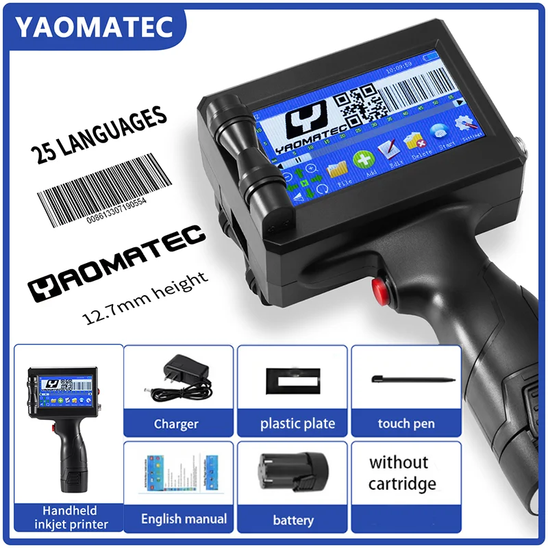 YAOMATEC 저렴한 12.7mm 로고 QR 코드 번호 날짜 휴대용 프린터 금속 비닐 봉투 병 휴대용 열전 사 잉크젯 프린터