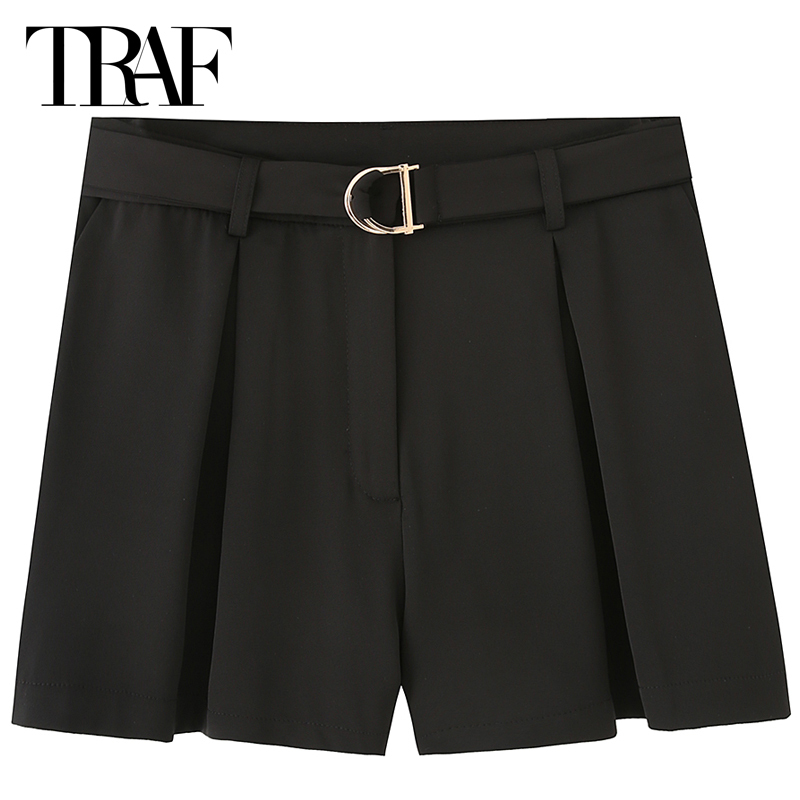 TRAF Women's Shorts Black Pleated Shorts Woman Summer 2025 Y2k Belt Baggy High Waist Shorts Fashion Streetwear Solid Short 066