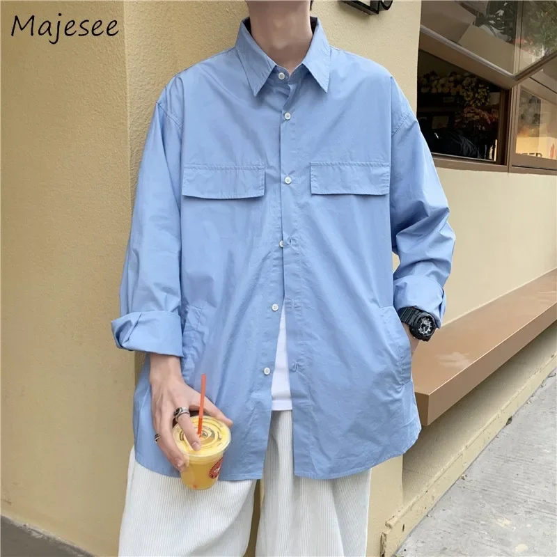 

Blue Shirts for Men All-match Japanese Style Long Sleeve Shirt BF Cargo Couples Solid Streetwear Fashion Baggy Ulzzang Stylish