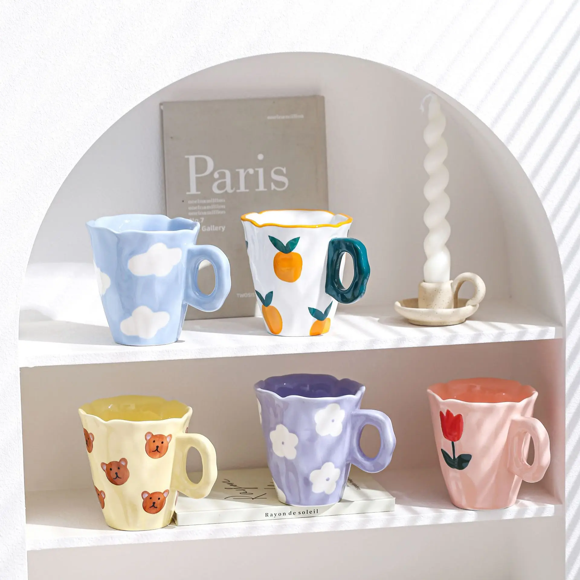 Popxstar  Ceramic Coffee Mug and Saucer Set Hand Pinching Irregular Cute Pattern Milk Juice Afternoon Tea Water Cup Girl Flower Tea Cup