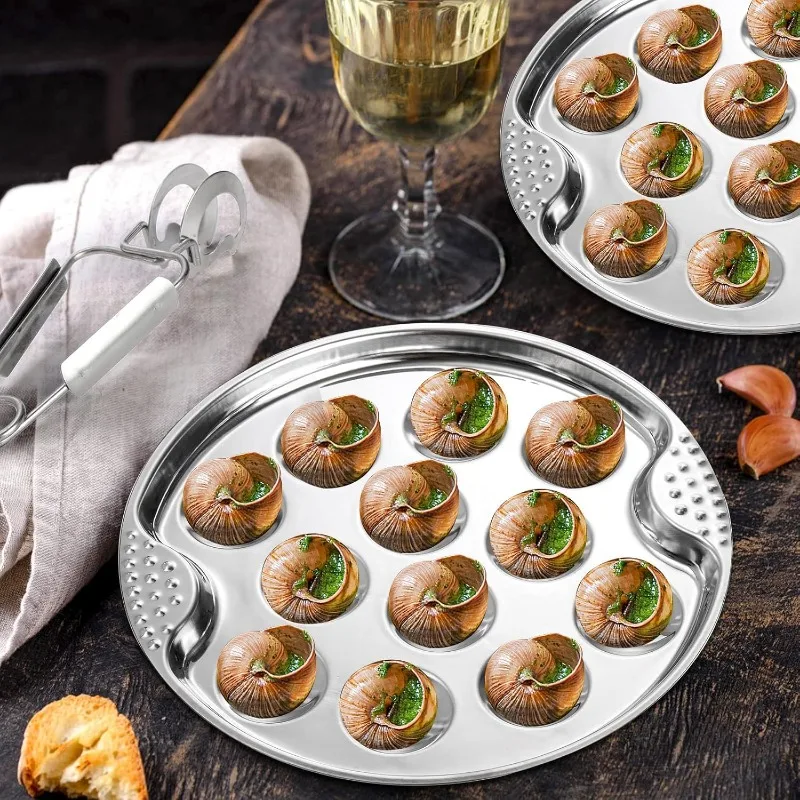 Stainless Steel Escargot Plates with 12 Compartment Holes with Escargot Tong Fork and 8 Slots Oyster Grill Pan Center Slot