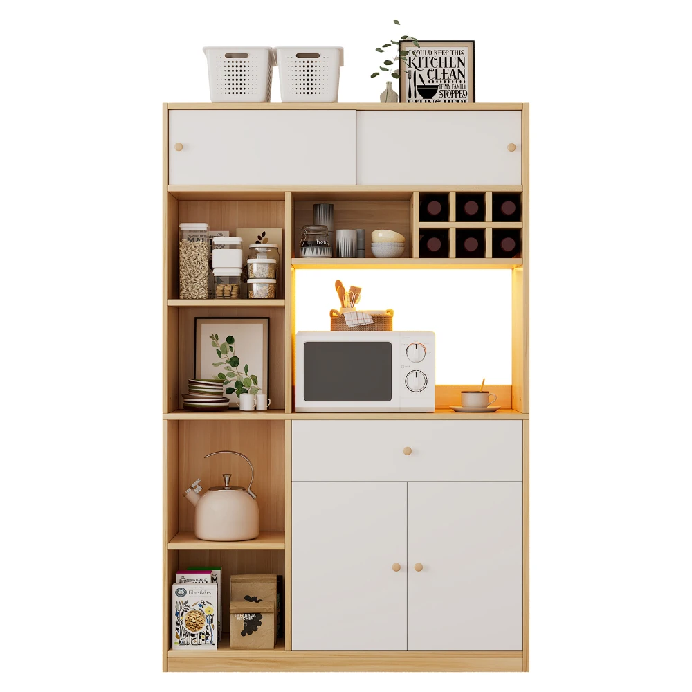 PINGGO Multifunktionaler Küchenschrank mit LED-Beleuchtung im Buffet-Stil 3-Türiger Stauraum für Mikrowelle und Besteck Naturfarben – Detail 12
