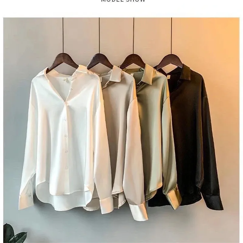 Long-sleeved satin shirt women's design sense niche 2021 spring new all-match drape retro Hong Kong-style shirt top women new retro hong kong style ins small short cotton jacket 2021 both sides wear winter lamb velvet jackets tide coats female