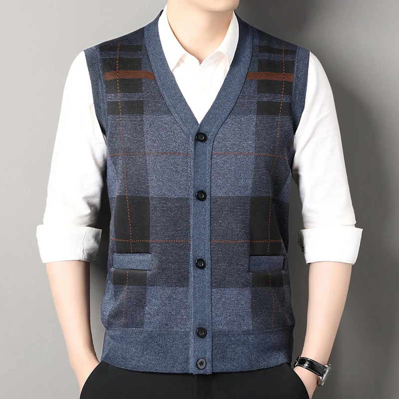 Autumn Male Vest Sleeveless Sweater Fleece Cardigan Warm Knitted Checkered Business Casual Button Up Coat Men's Clothing men sweater vests,mens knitted vest