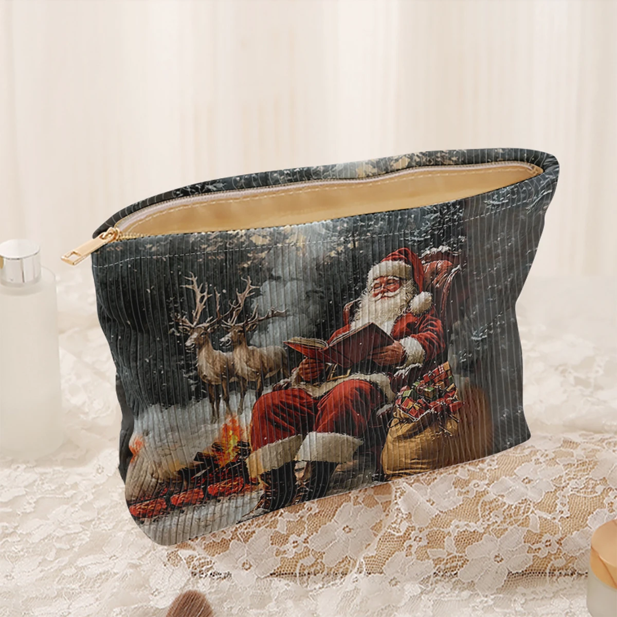 1 Christmas themed corduroy makeup bag, lightweight zipper makeup storage box, multifunctional bag with lining