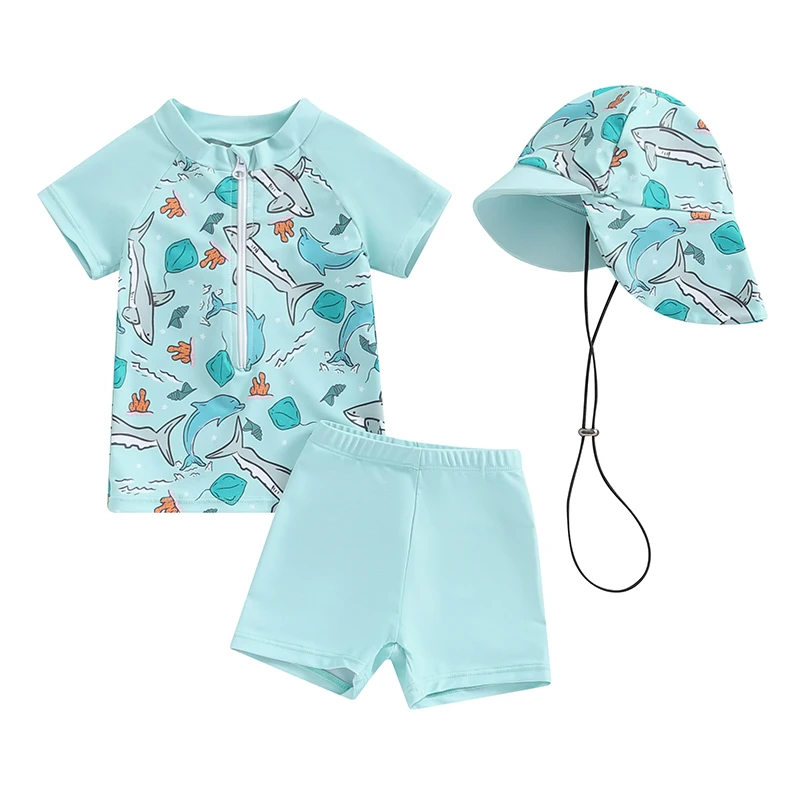 

Baby Boys Swimsuit Set Summer Shark Print Zipper Short Sleeve Rash Guard and Swim Trunks and Hat Swimwear Beachwear