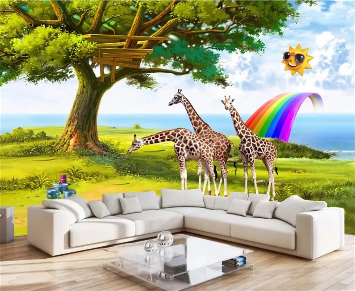 Beibehang-papel de Parede Mural para Quarto de Criança Arco-íris Girafa Adesivo de Parede 3d