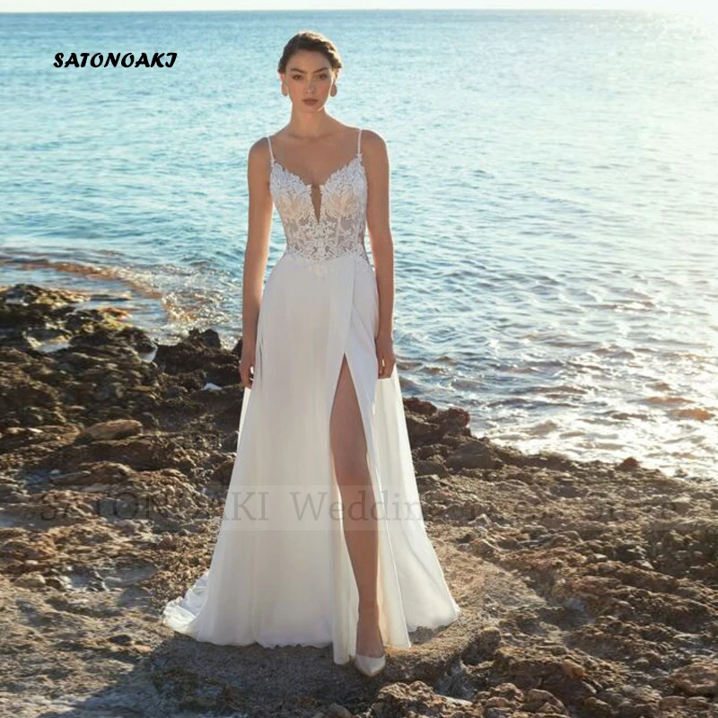 

Женское шифоновое свадебное платье с разрезом сбоку, трапециевидного силуэта