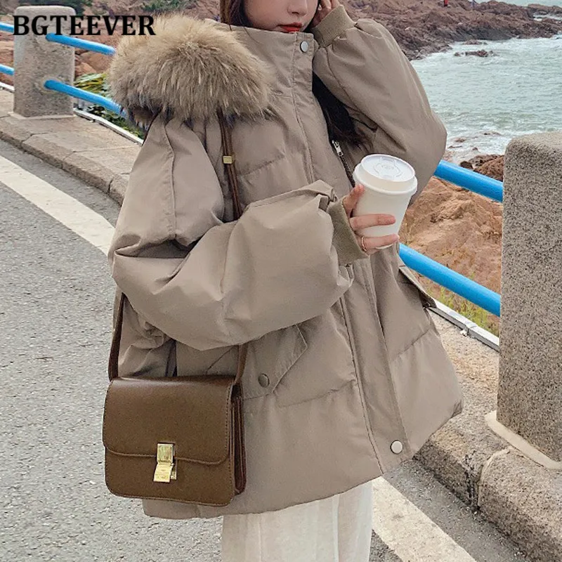

Повседневная Свободная Женская парка BGTEEVER с капюшоном и карманами, женские куртки на молнии с длинным рукавом и хлопковой подкладкой, зимние женские пуховики