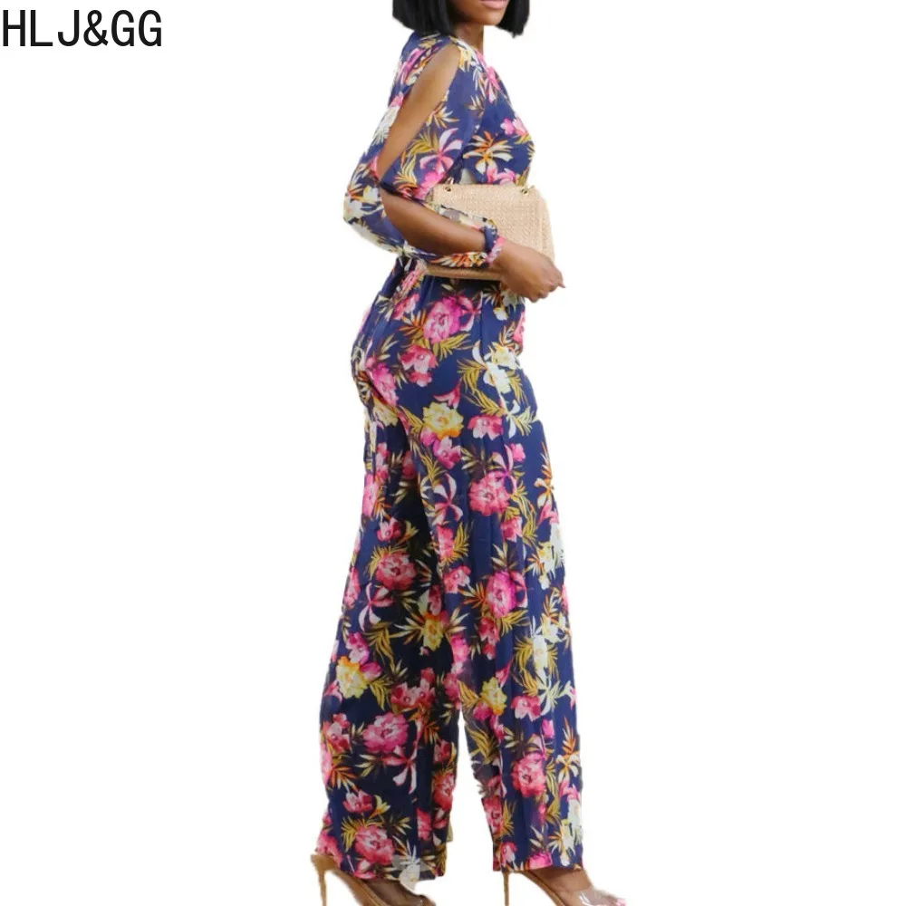 HLJ&GG Spring New Retro Flower Printing Wide Leg Pants Two Piece Sets Women V Neck Long Sleeve Crop Top And Pants Outfits 2024