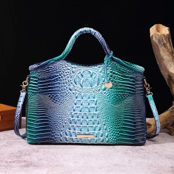 Genuine leather crocodile pattern colorful solid color high-end retro women's handbag