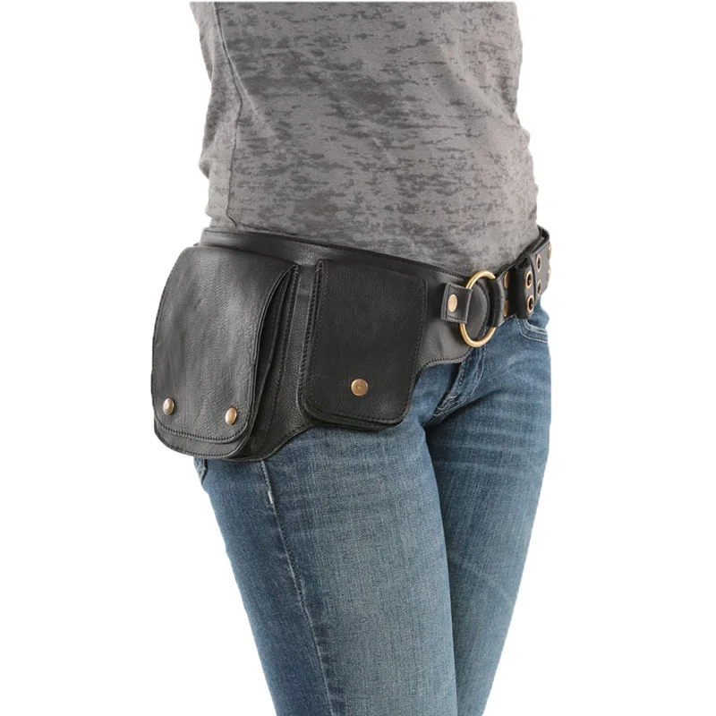 Damen Hüft tasche mittelalter liche Pu Leder Hüftgurt Vintage Umhängetasche Outdoor Sport verstellbare Reiß verschluss Knopf Damen Taille